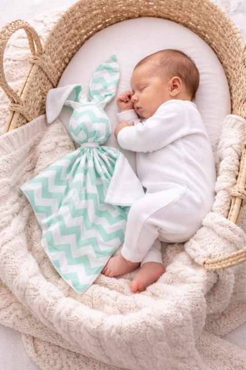 Zając przytulanka DOUDOU dwustronna bawełna i minky - Chevron miętowy - biały