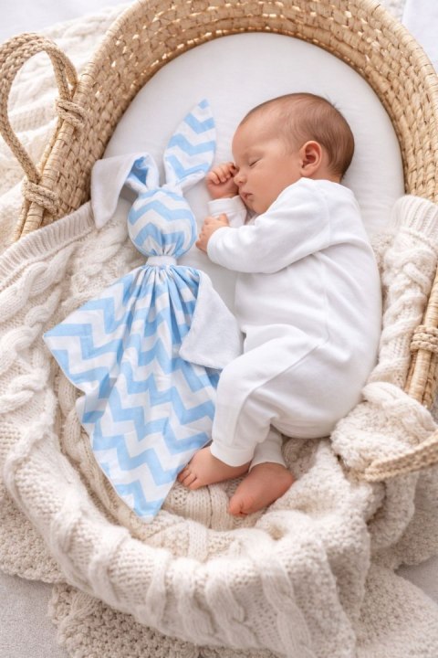 Zając przytulanka DOUDOU dwustronna bawełna i minky - Chevron niebieski - biały