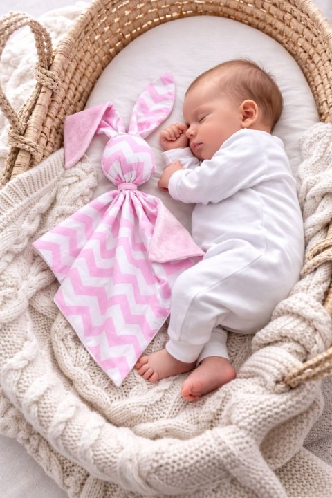 Zając przytulanka DOUDOU dwustronna bawełna i minky - Chevron różowy - różowy