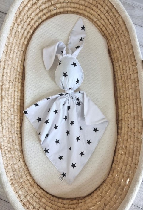 Zając przytulanka DOUDOU dwustronna bawełna i minky - Gwiazdki czarne - biały