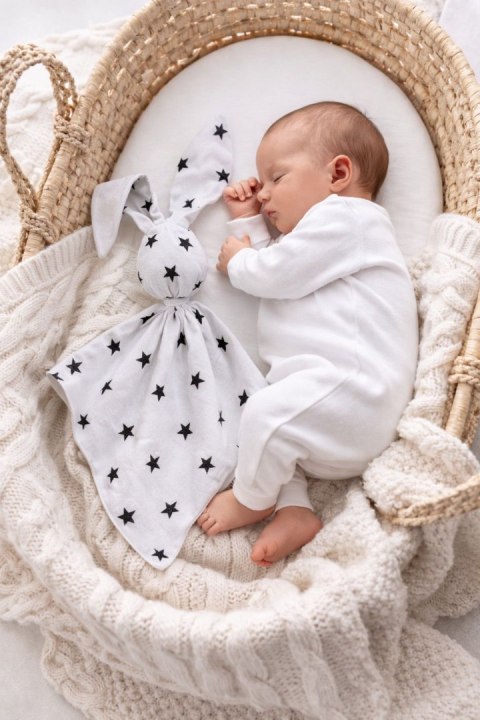 Zając przytulanka DOUDOU dwustronna bawełna i minky - Gwiazdki czarne - biały