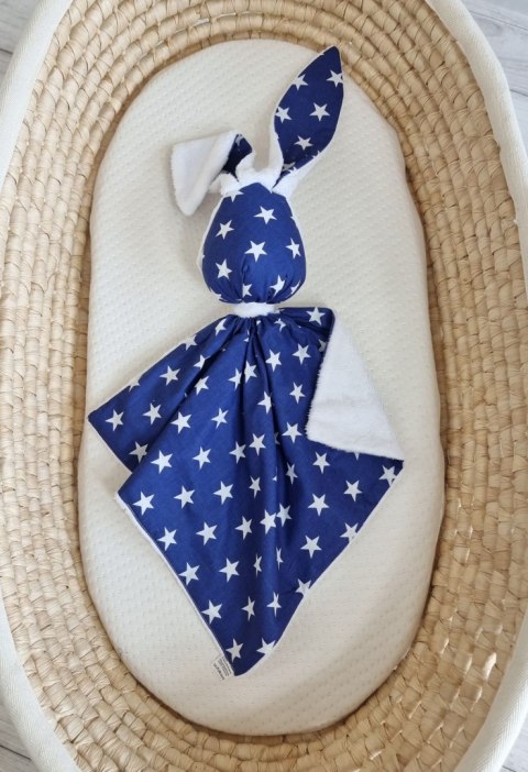 Zając przytulanka DOUDOU dwustronna bawełna i minky - Gwiazdki granatowe - biały