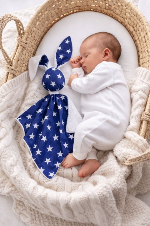 Zając przytulanka DOUDOU dwustronna bawełna i minky - Gwiazdki granatowe - biały