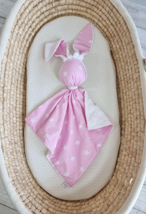 Zając przytulanka DOUDOU dwustronna bawełna i minky - Gwiazdki różowe - biały