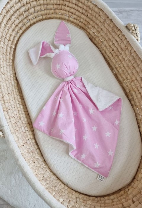 Zając przytulanka DOUDOU dwustronna bawełna i minky - Gwiazdki różowe - biały