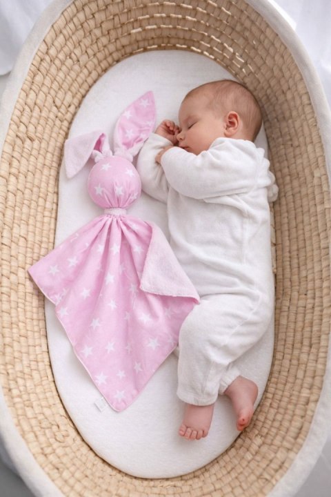 Zając przytulanka DOUDOU dwustronna bawełna i minky - Gwiazdki różowe - biały