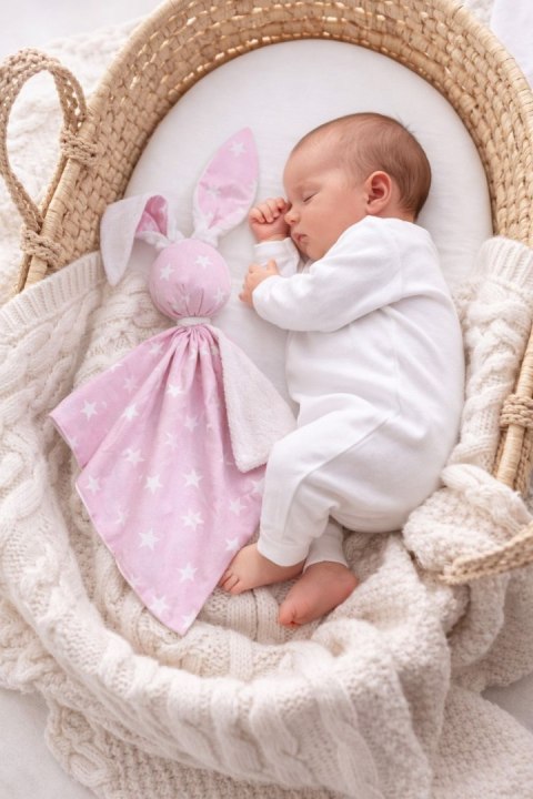 Zając przytulanka DOUDOU dwustronna bawełna i minky - Gwiazdki różowe - biały