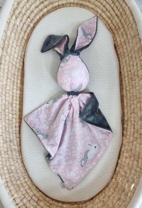 Zając przytulanka DOUDOU dwustronna bawełna i minky - Króliczki różowe - ciemny szary