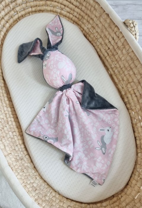 Zając przytulanka DOUDOU dwustronna bawełna i minky - Króliczki różowe - ciemny szary