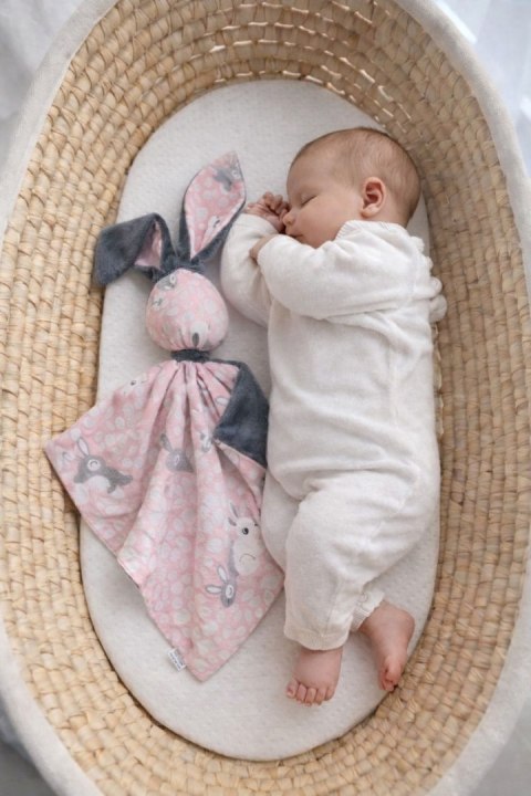 Zając przytulanka DOUDOU dwustronna bawełna i minky - Króliczki różowe - ciemny szary