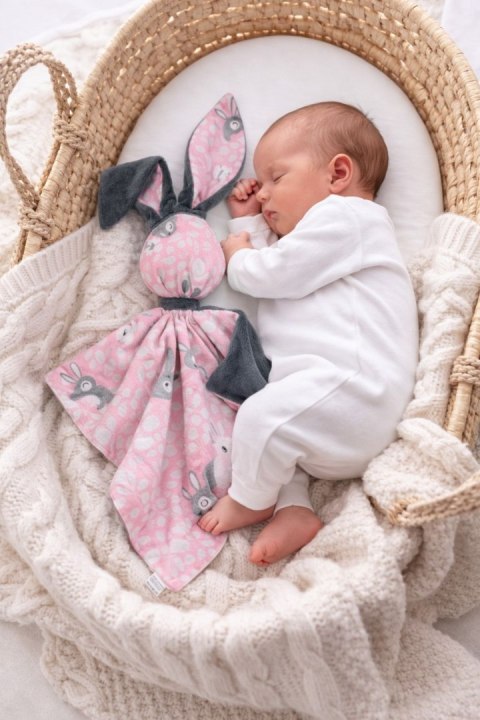 Zając przytulanka DOUDOU dwustronna bawełna i minky - Króliczki różowe - ciemny szary