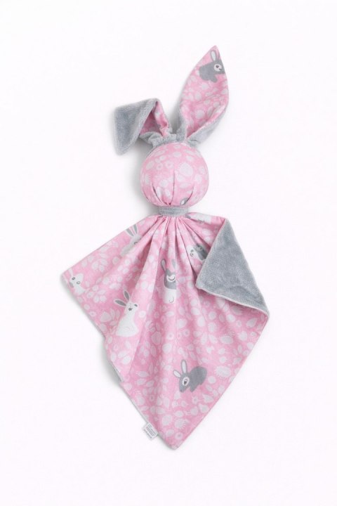 Zając przytulanka DOUDOU dwustronna bawełna i minky - Króliczki różowe - szary