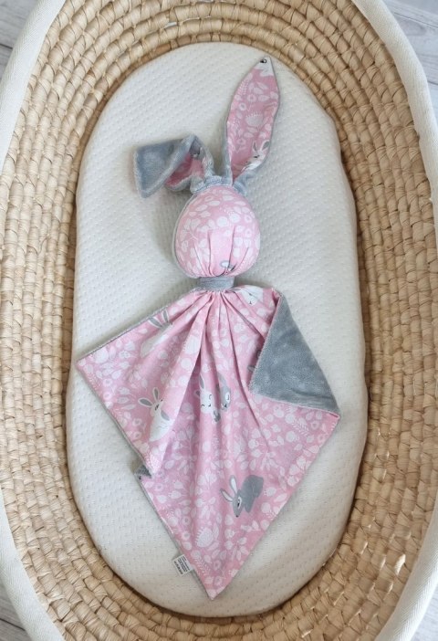 Zając przytulanka DOUDOU dwustronna bawełna i minky - Króliczki różowe - szary