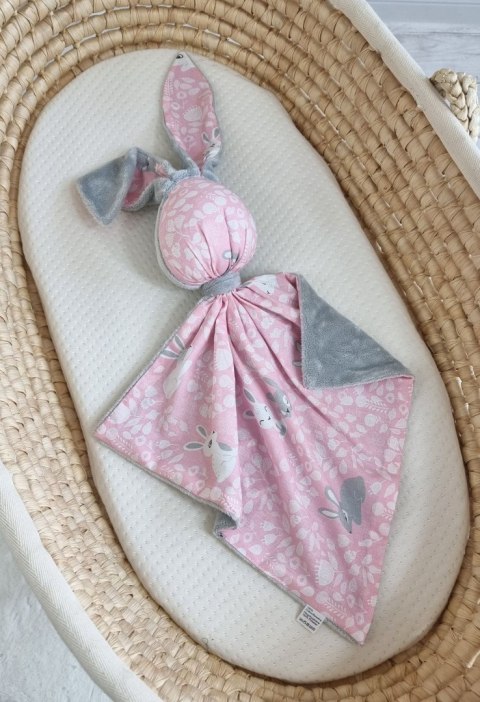 Zając przytulanka DOUDOU dwustronna bawełna i minky - Króliczki różowe - szary