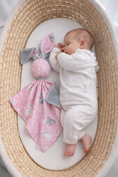 Zając przytulanka DOUDOU dwustronna bawełna i minky - Króliczki różowe - szary