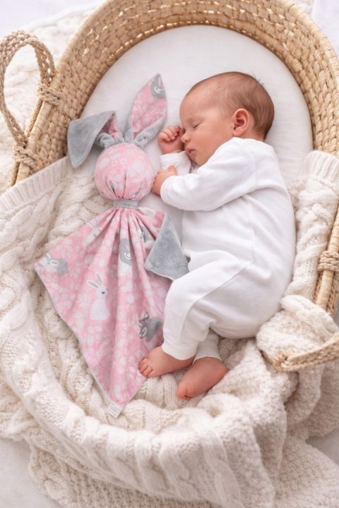 Zając przytulanka DOUDOU dwustronna bawełna i minky - Króliczki różowe - szary