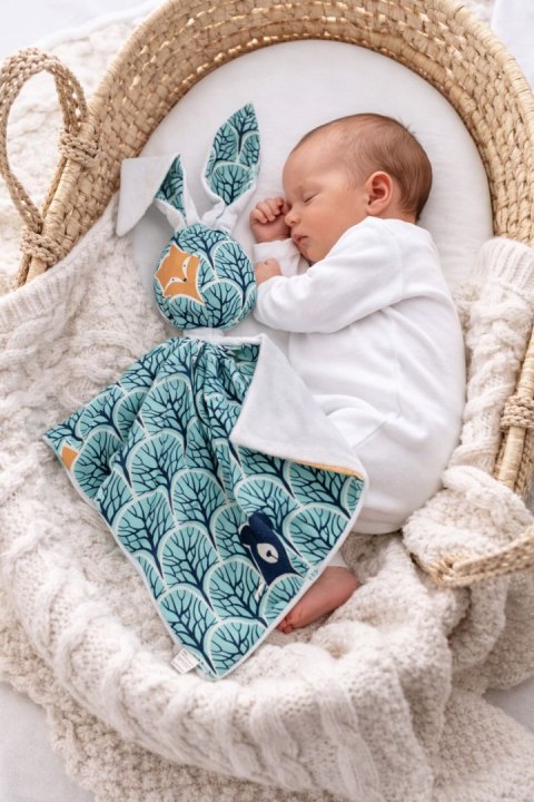 Zając przytulanka DOUDOU dwustronna bawełna i minky - Miętowy las - biały