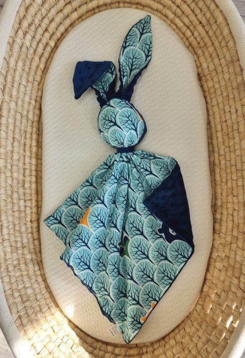 Zając przytulanka DOUDOU dwustronna bawełna i minky - Miętowy las - granat