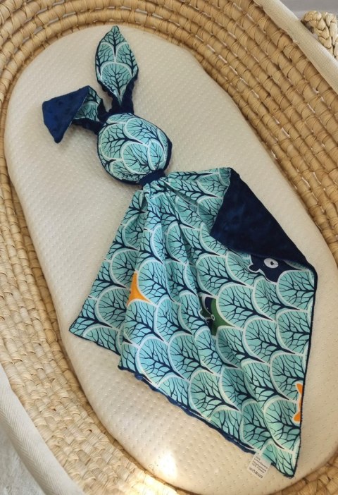 Zając przytulanka DOUDOU dwustronna bawełna i minky - Miętowy las - granat