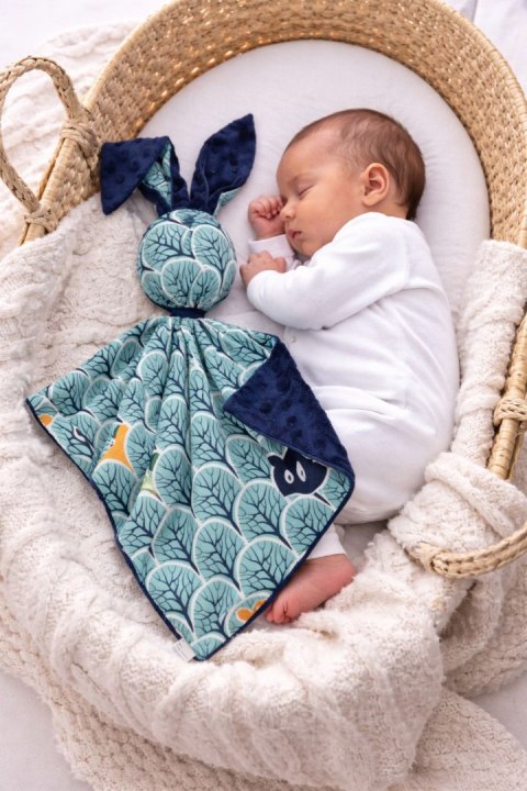 Zając przytulanka DOUDOU dwustronna bawełna i minky - Miętowy las - granat