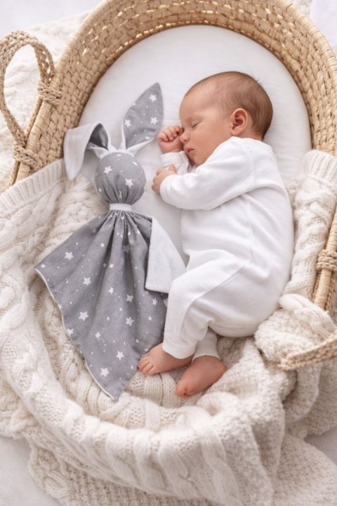 Zając przytulanka DOUDOU dwustronna bawełna i minky - Mini gwiazdki szare - biały