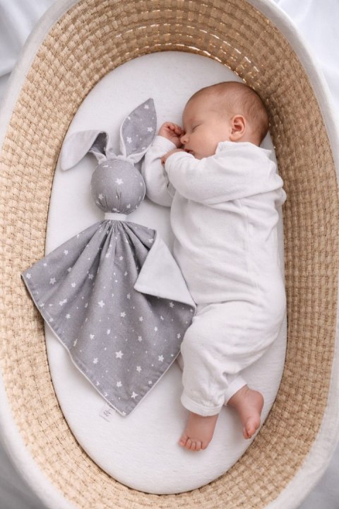 Zając przytulanka DOUDOU dwustronna bawełna i minky - Mini gwiazdki szare - biały