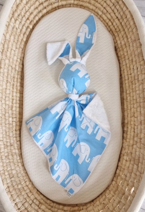 Zając przytulanka DOUDOU dwustronna bawełna i minky - Słonie niebieskie - biały