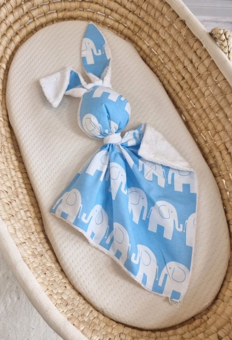 Zając przytulanka DOUDOU dwustronna bawełna i minky - Słonie niebieskie - biały