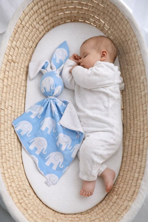 Zając przytulanka DOUDOU dwustronna bawełna i minky - Słonie niebieskie - biały