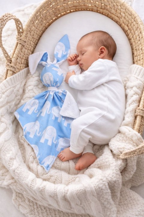 Zając przytulanka DOUDOU dwustronna bawełna i minky - Słonie niebieskie - biały