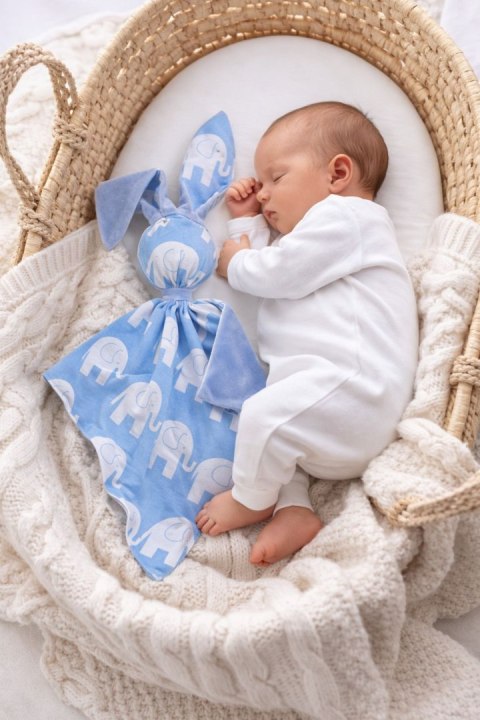 Zając przytulanka DOUDOU dwustronna bawełna i minky - Słonie niebieskie - niebieski