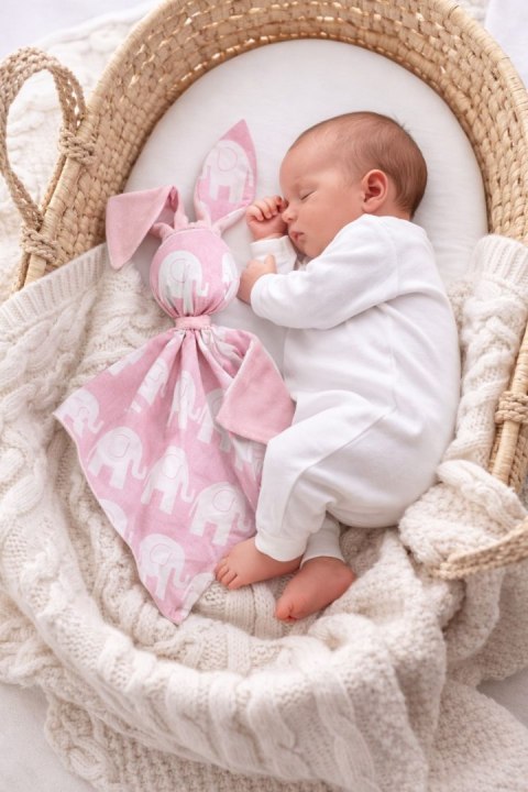 Zając przytulanka DOUDOU dwustronna bawełna i minky - Słonie różowe - różowy