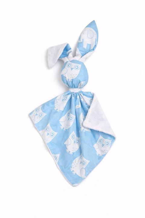 Zając przytulanka DOUDOU dwustronna bawełna i minky - Sowy niebieskie - biały