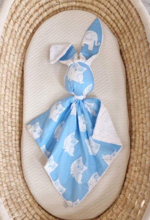 Zając przytulanka DOUDOU dwustronna bawełna i minky - Sowy niebieskie - biały