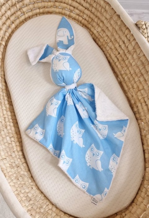 Zając przytulanka DOUDOU dwustronna bawełna i minky - Sowy niebieskie - biały