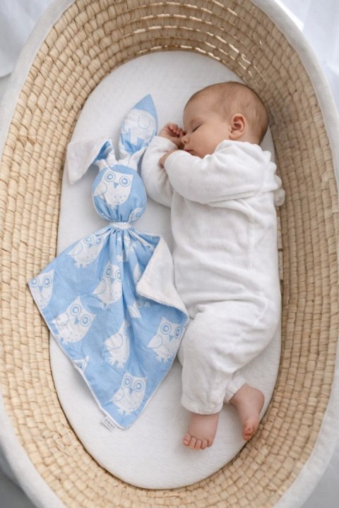 Zając przytulanka DOUDOU dwustronna bawełna i minky - Sowy niebieskie - biały