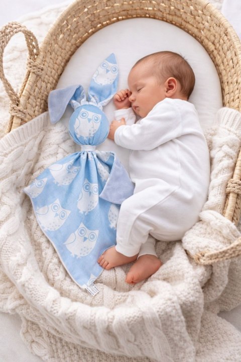 Zając przytulanka DOUDOU dwustronna bawełna i minky - Sowy niebieskie - niebieski