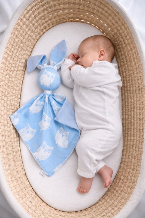 Zając przytulanka DOUDOU dwustronna bawełna i minky - Sowy niebieskie - niebieski