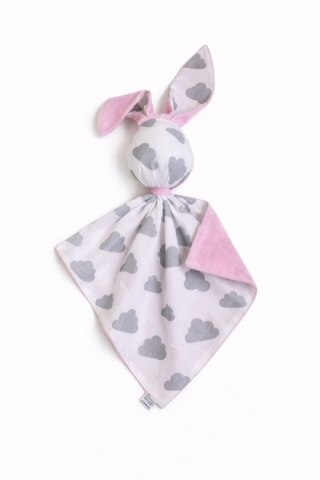 Zając przytulanka DOUDOU dwustronna bawełna i minky - Chmurki szare - różowy