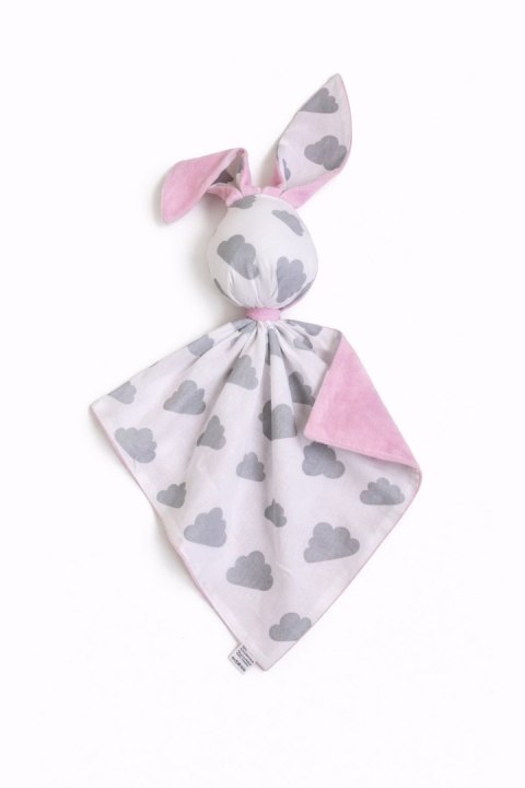Zając przytulanka DOUDOU dwustronna bawełna i minky - Chmurki szare - różowy
