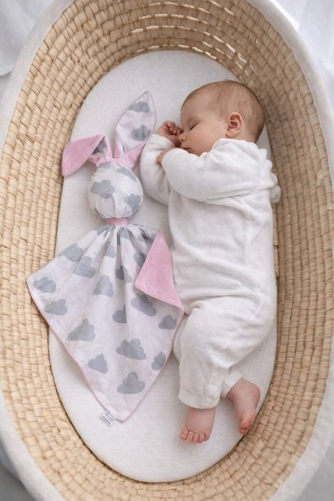 Zając przytulanka DOUDOU dwustronna bawełna i minky - Chmurki szare - różowy