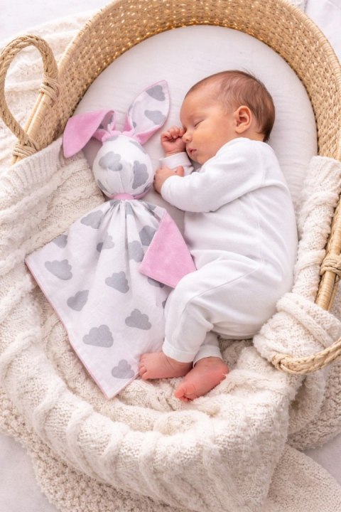 Zając przytulanka DOUDOU dwustronna bawełna i minky - Chmurki szare - różowy