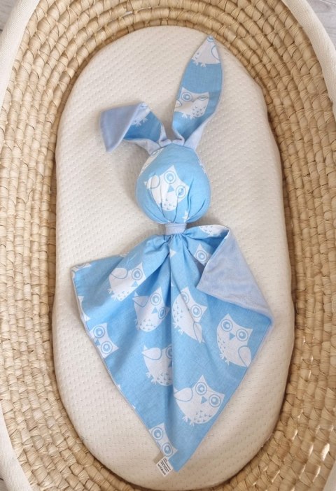 Zając przytulanka DOUDOU dwustronna bawełna i minky - Sowy niebieskie - niebieski