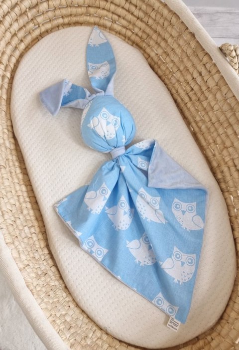 Zając przytulanka DOUDOU dwustronna bawełna i minky - Sowy niebieskie - niebieski