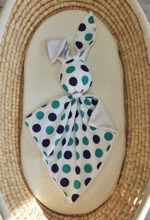 Zając przytulanka DOUDOU dwustronna bawełna i minky - Grochy mięta-granat - biały