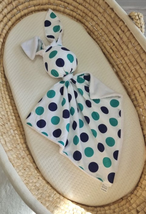 Zając przytulanka DOUDOU dwustronna bawełna i minky - Grochy mięta-granat - biały