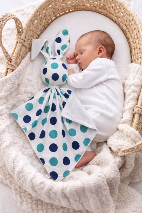 Zając przytulanka DOUDOU dwustronna bawełna i minky - Grochy mięta-granat - biały