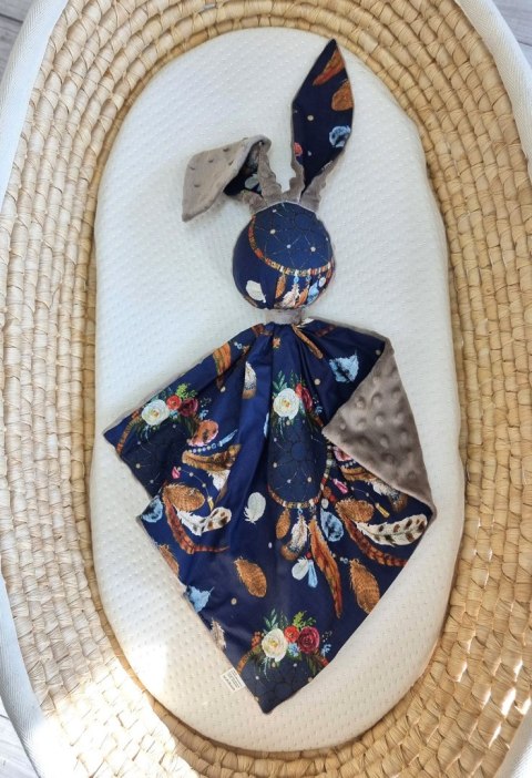 Zając przytulanka DOUDOU dwustronna bawełna i minky - Łapacze snów granatowe - brązowy