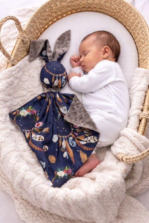 Zając przytulanka DOUDOU dwustronna bawełna i minky - Łapacze snów granatowe - brązowy