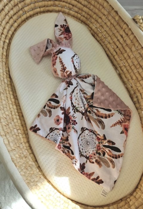 Zając przytulanka DOUDOU dwustronna bawełna i minky - Łapacze snów kwiatowe - brudny róż